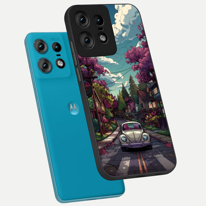  Vintage Street Drive phone case For Moto Edge50 Pro showing premium glass back cover with detailed artwork