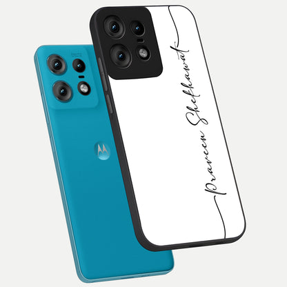  White Tune Custom Name phone case For Moto Edge50 Pro showing premium custom name glass back cover