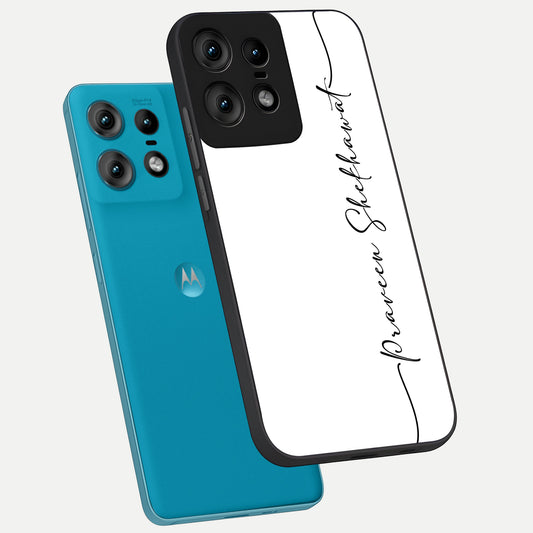  White Tune Custom Name phone case For Moto Edge50 Pro showing premium custom name glass back cover