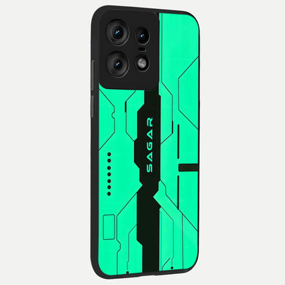  Aqua Tech CYBERPUNK Custom Name back cover For Moto Edge50 Pro slim fit glass case with vibrant aesthetic design
