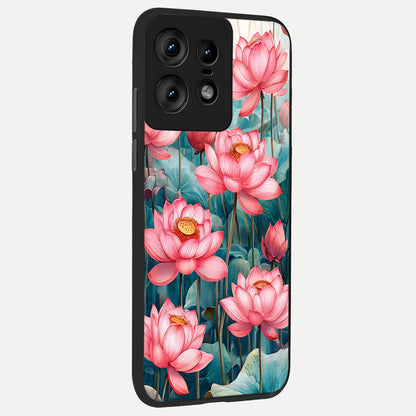  Celestial Pink Lotus back cover For Moto Edge50 Pro slim fit glass case with vibrant aesthetic design
