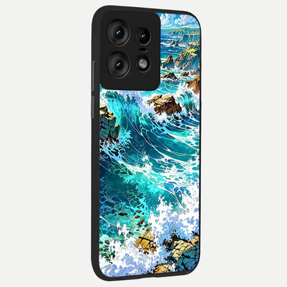  Coastal Blue Waves back cover For Moto Edge50 Pro slim fit glass case with vibrant aesthetic design