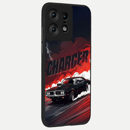  Dark Charger Fury back cover For Moto Edge50 Pro slim fit glass case with vibrant aesthetic design