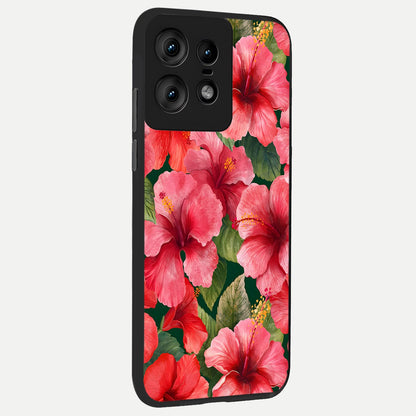  Hibiscus Pattern back cover For Moto Edge50 Pro slim fit glass case with vibrant aesthetic design