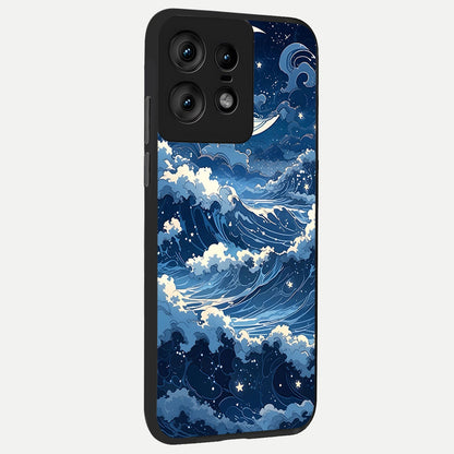  Ocean Moon Waves back cover For Moto Edge50 Pro slim fit glass case with vibrant aesthetic design