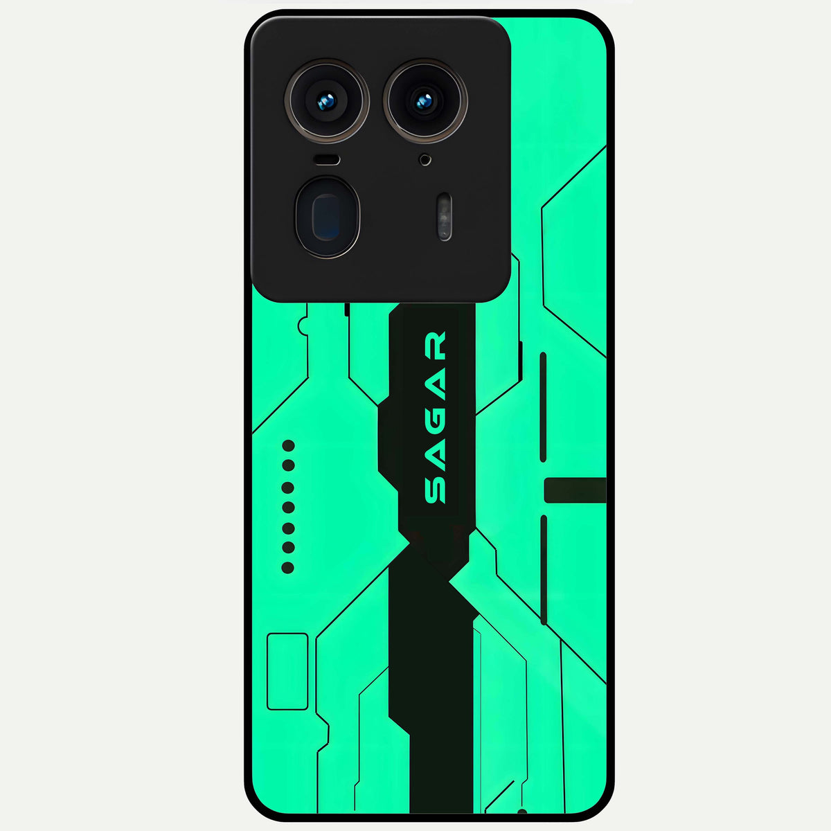  Aqua Tech CYBERPUNK Custom Name Glass Case For Moto Edge 50 Ultra back cover – full design glossy printed glass finish