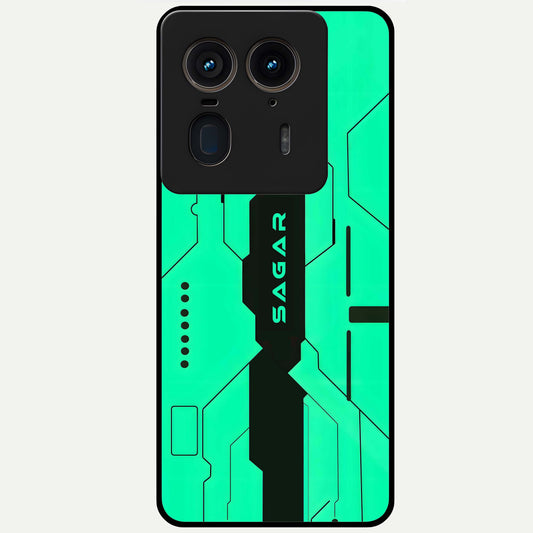  Aqua Tech CYBERPUNK Custom Name Glass Case For Moto Edge 50 Ultra back cover – full design glossy printed glass finish