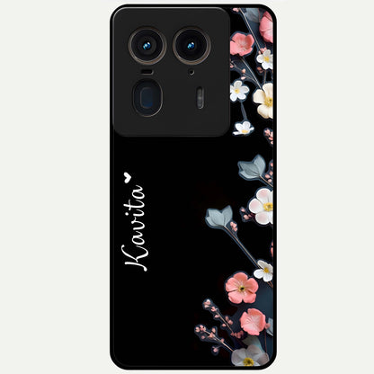  Black Elegance Floral Custom Name Glass Case For Moto Edge 50 Ultra back cover – full design glossy printed glass finish
