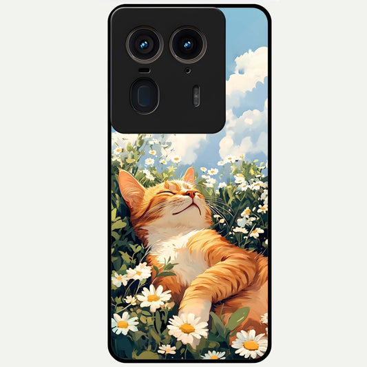 Cat And Flowers View Glass Case For Moto Edge 50 Ultra back cover – full design glossy printed glass finish
