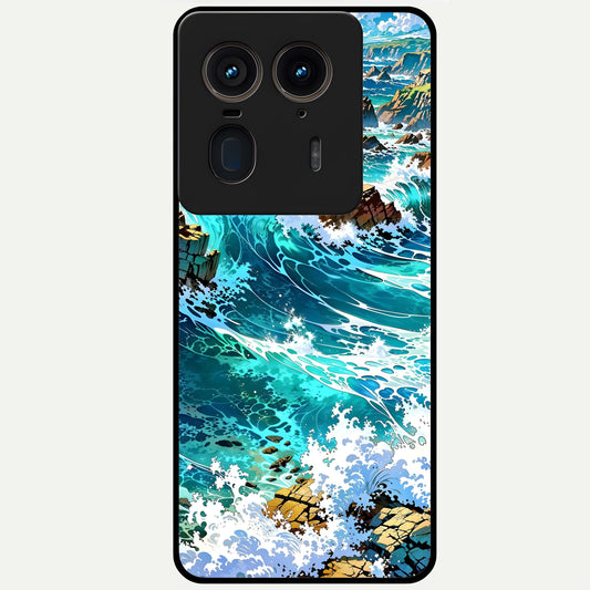  Coastal Blue Waves Glass Case For Moto Edge 50 Ultra back cover – full design glossy printed glass finish