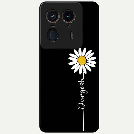  Custom Name White Flower Glass Case For Moto Edge 50 Ultra back cover – full design glossy printed glass finish