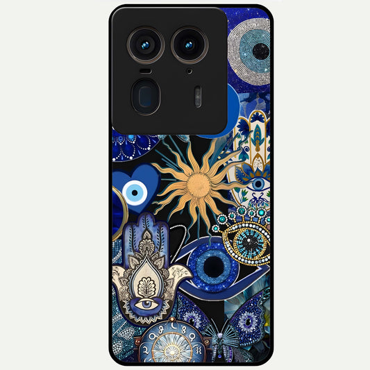  Mystic Blue Evil Eye Glass Case For Moto Edge 50 Ultra back cover – full design glossy printed glass finish