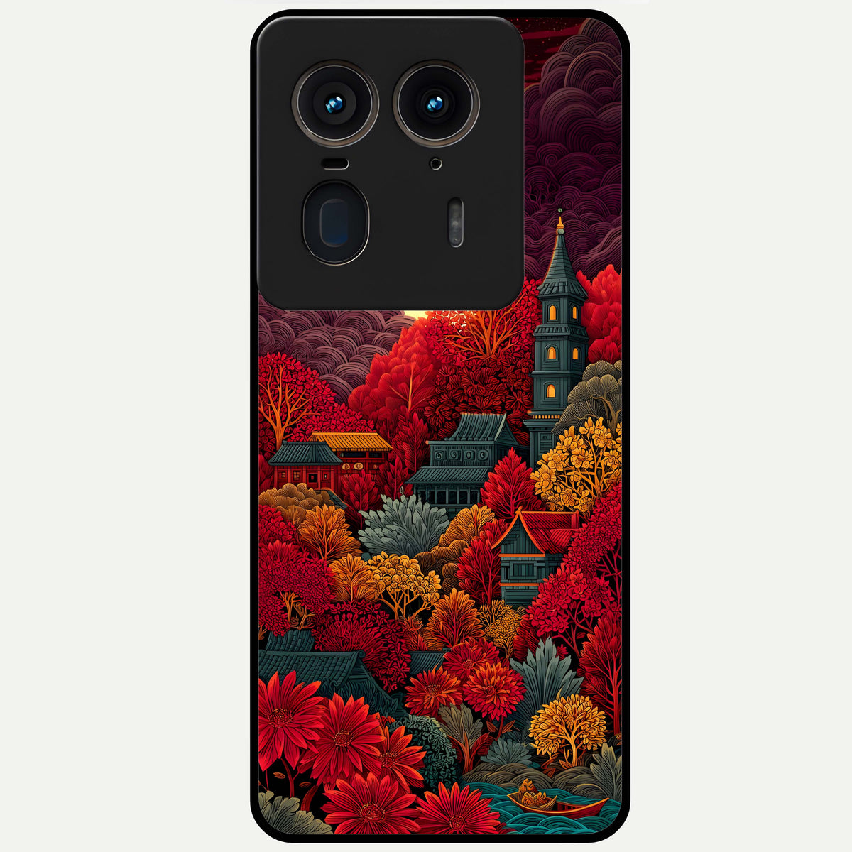  Scarlet Autumn Temple Glass Case For Moto Edge 50 Ultra back cover – full design glossy printed glass finish
