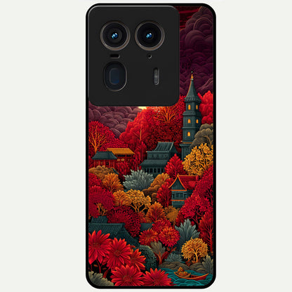  Scarlet Autumn Temple Glass Case For Moto Edge 50 Ultra back cover – full design glossy printed glass finish