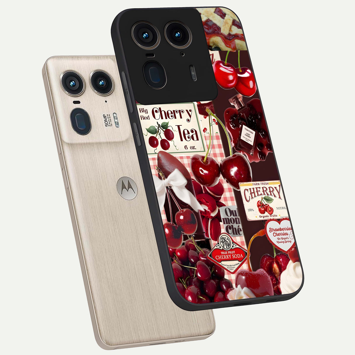  Aesthetic Cherry Tea phone case For Moto Edge 50 Ultra showing premium glass back cover with detailed artwork