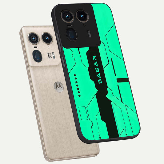  Aqua Tech CYBERPUNK Custom Name phone case For Moto Edge 50 Ultra showing premium glass back cover with detailed artwork