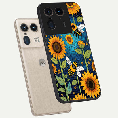  Bees And Sunflowers phone case For Moto Edge 50 Ultra showing premium glass back cover with detailed artwork