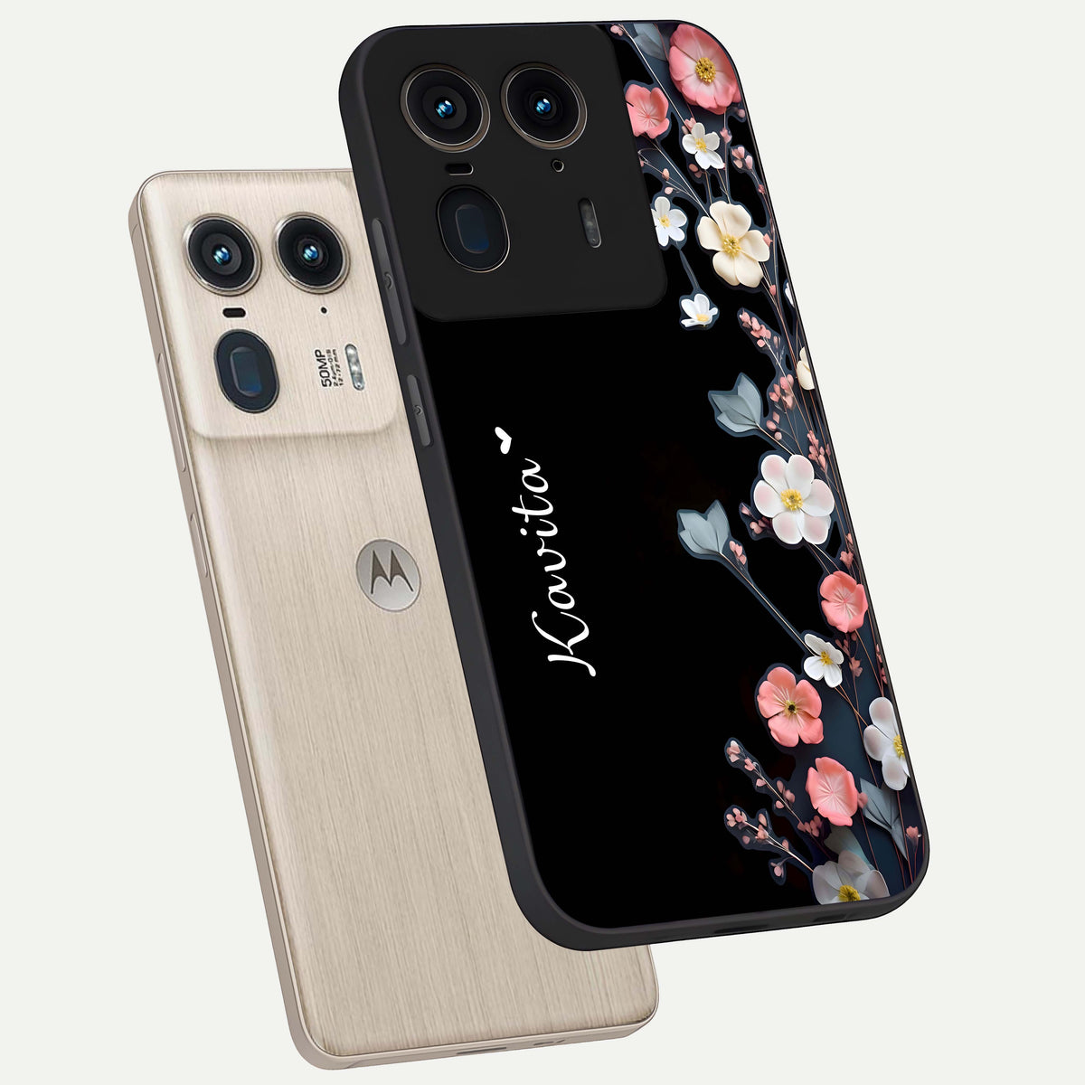  Black Elegance Floral Custom Name phone case For Moto Edge 50 Ultra showing premium glass back cover with detailed artwork