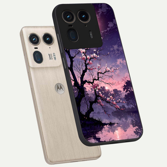  Blossom Pink Moon phone case For Moto Edge 50 Ultra showing premium glass back cover with detailed artwork