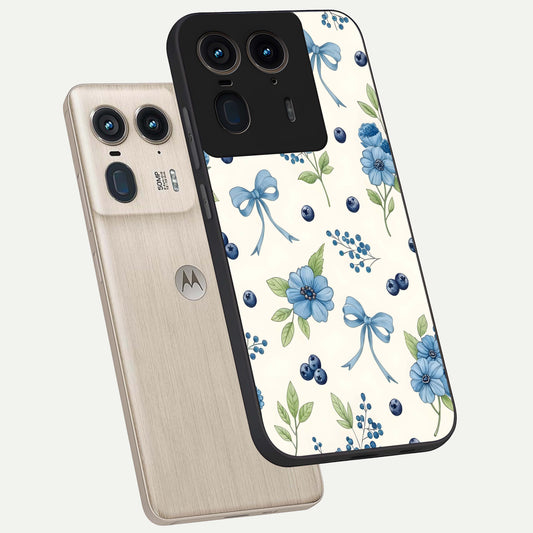  Blue Flower And Bow phone case For Moto Edge 50 Ultra showing premium glass back cover with detailed artwork