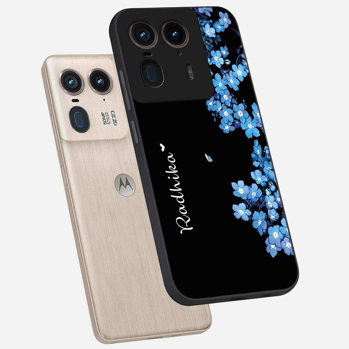  Blue Petal Dream Custom Name phone case For Moto Edge 50 Ultra showing premium glass back cover with detailed artwork