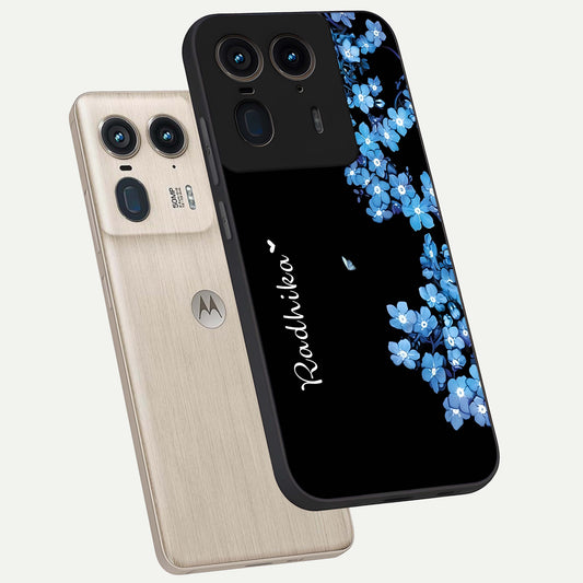  Blue Petal Dream Custom Name phone case For Moto Edge 50 Ultra showing premium glass back cover with detailed artwork