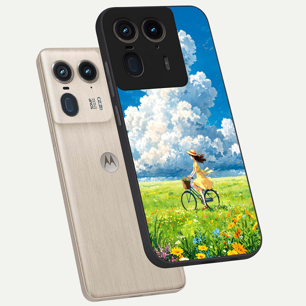  Breezy Meadow Ride phone case For Moto Edge 50 Ultra showing premium glass back cover with detailed artwork