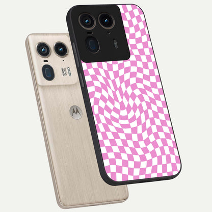  Bubblegum Check Wave phone case For Moto Edge 50 Ultra showing premium glass back cover with detailed artwork