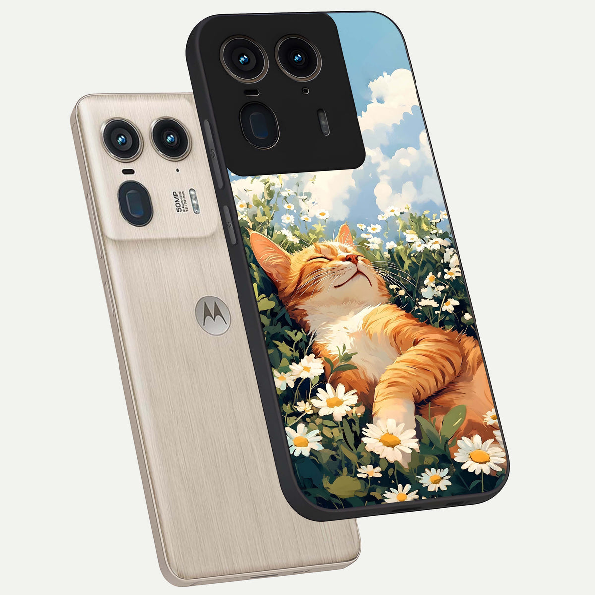  Cat And Flowers View phone case For Moto Edge 50 Ultra showing premium glass back cover with detailed artwork