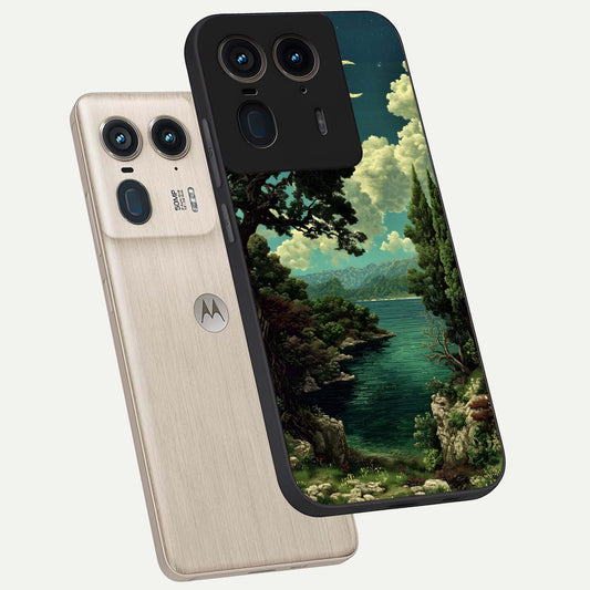  Celestial Lake Peace phone case For Moto Edge 50 Ultra showing premium glass back cover with detailed artwork