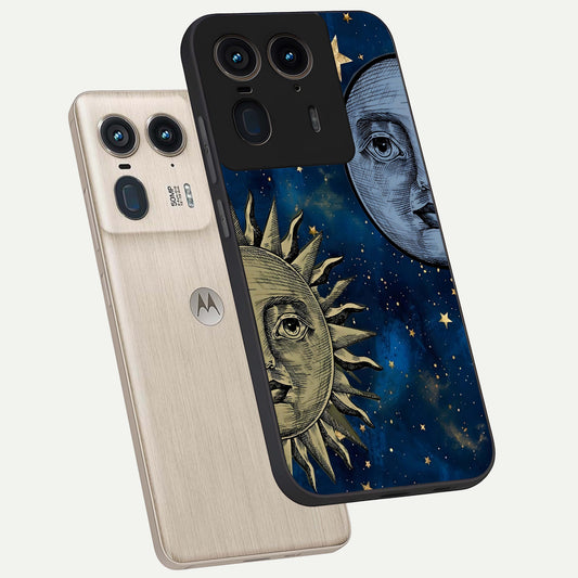  Celestial Moon With Sun phone case For Moto Edge 50 Ultra showing premium glass back cover with detailed artwork