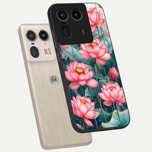 Celestial Pink Lotus phone case For Moto Edge 50 Ultra showing premium glass back cover with detailed artwork