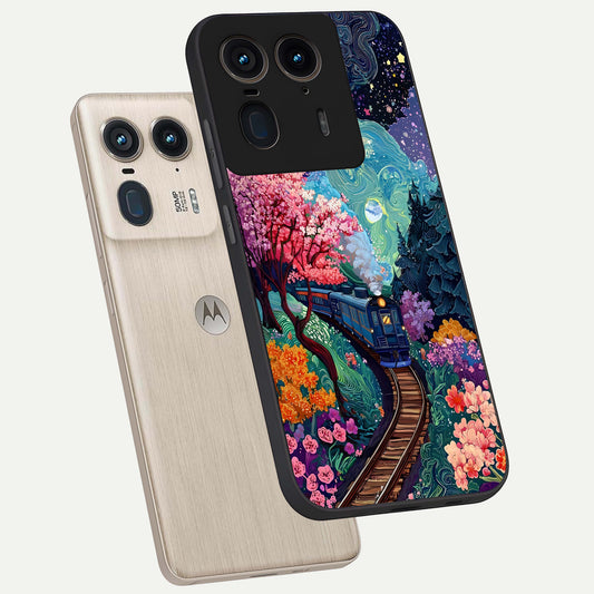  Celestial Train Journey phone case For Moto Edge 50 Ultra showing premium glass back cover with detailed artwork