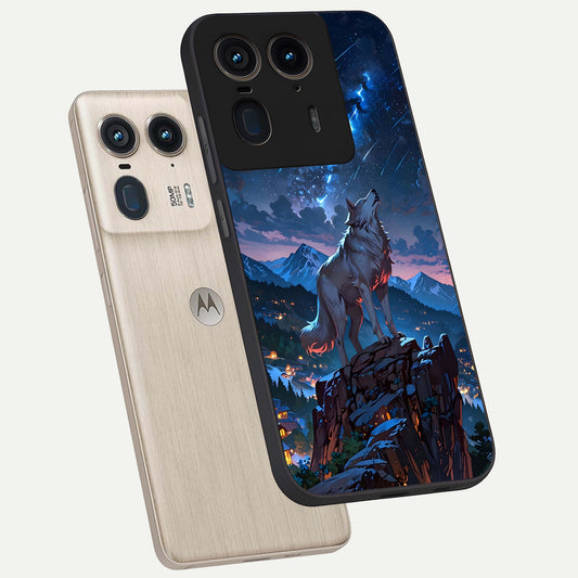  Celestial Wolf Howl phone case For Moto Edge 50 Ultra showing premium glass back cover with detailed artwork