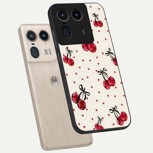  Cherry Heart Bow phone case For Moto Edge 50 Ultra showing premium glass back cover with detailed artwork