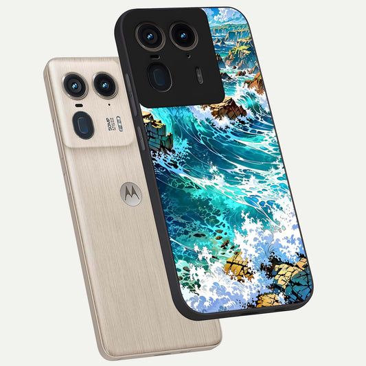  Coastal Blue Waves phone case For Moto Edge 50 Ultra showing premium glass back cover with detailed artwork