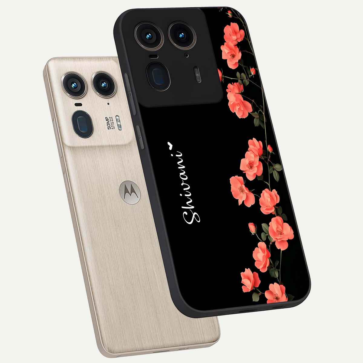  Crimson Bloom Grace Custom Name phone case For Moto Edge 50 Ultra showing premium glass back cover with detailed artwork