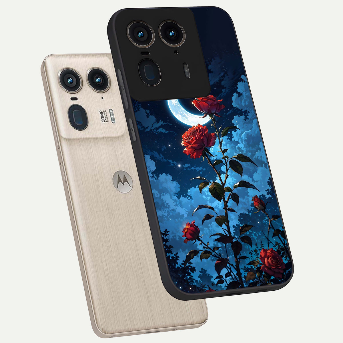  Crimson Rose Moon phone case For Moto Edge 50 Ultra showing premium glass back cover with detailed artwork