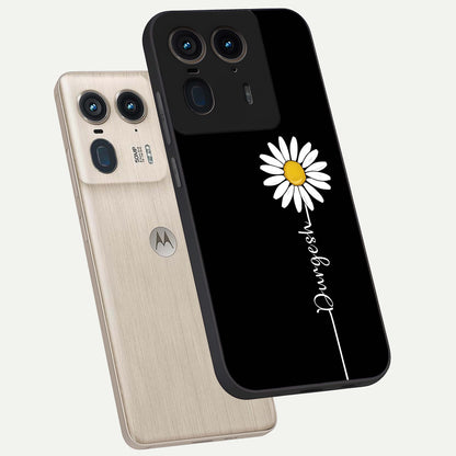  Custom Name White Flower phone case For Moto Edge 50 Ultra showing premium glass back cover with detailed artwork