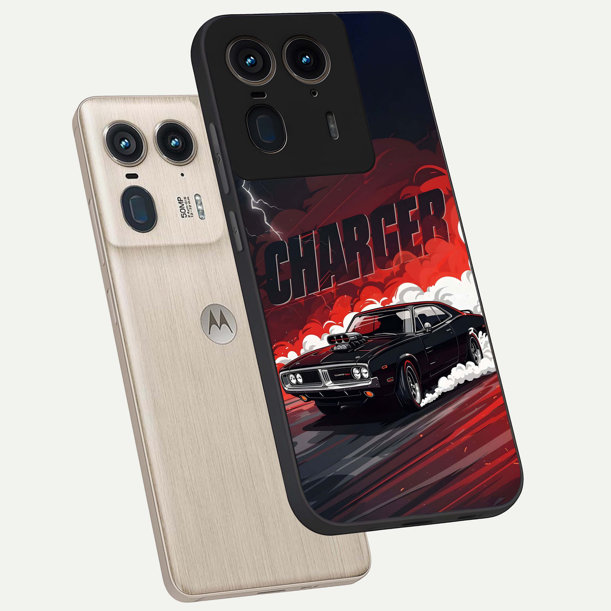  Dark Charger Fury phone case For Moto Edge 50 Ultra showing premium glass back cover with detailed artwork
