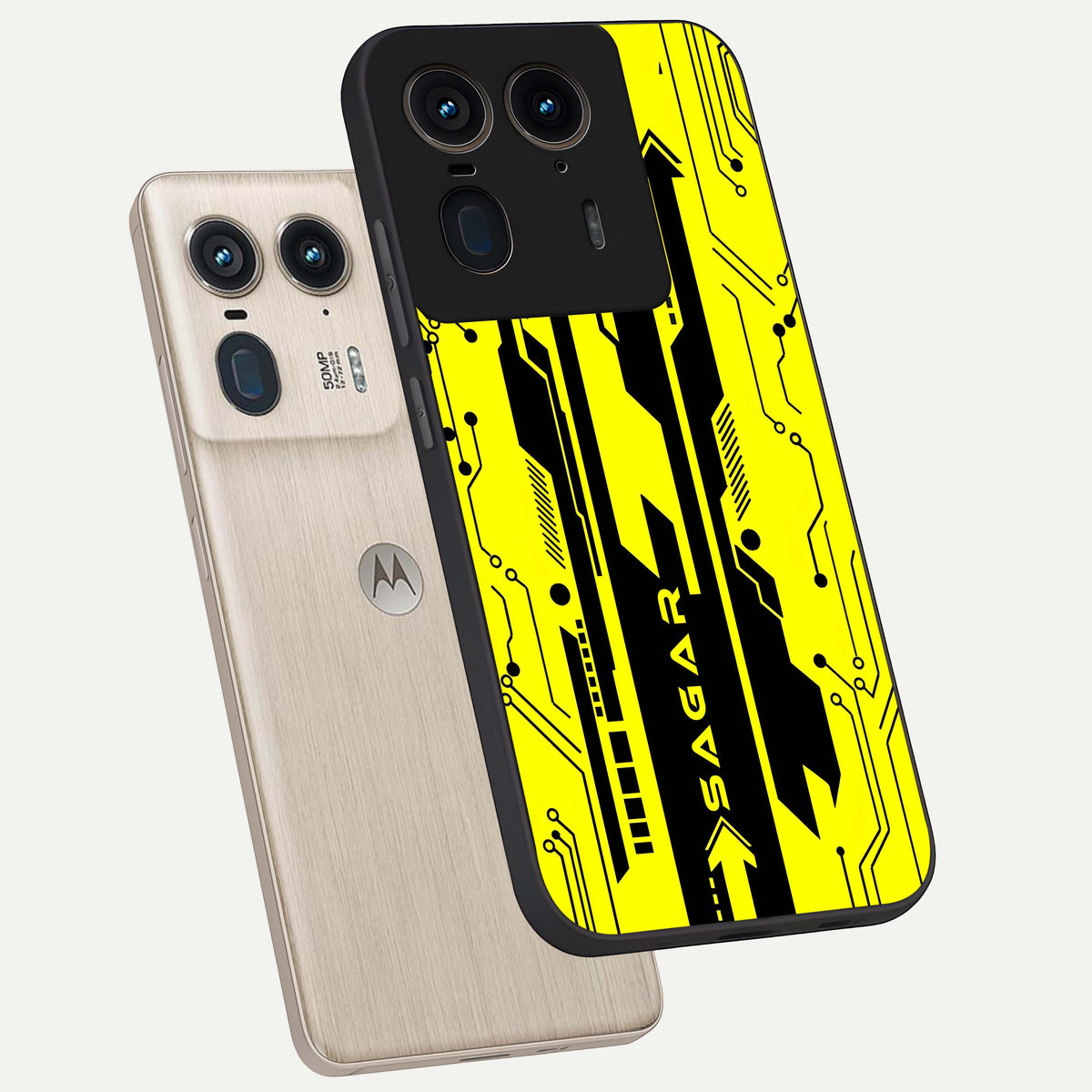  Electric Pulse CYBERPUNK Custom Name phone case For Moto Edge 50 Ultra showing premium glass back cover with detailed artwork