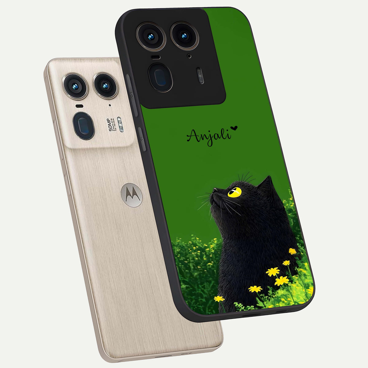  Emerald Cat Custom Name phone case For Moto Edge 50 Ultra showing premium glass back cover with detailed artwork