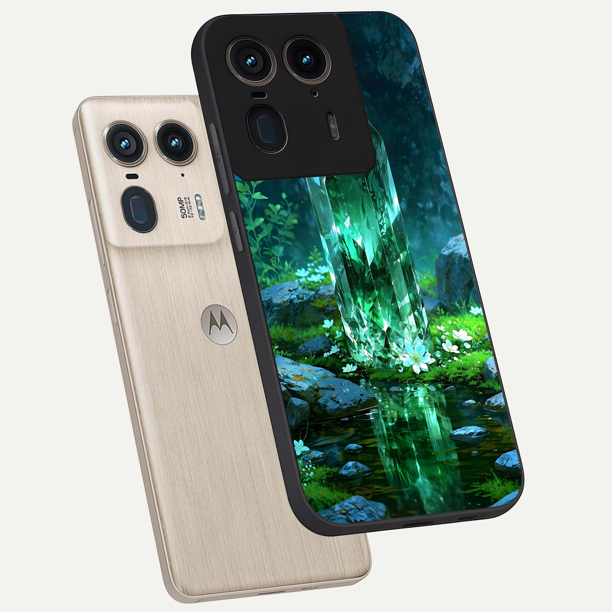  Emerald Light Crystal phone case For Moto Edge 50 Ultra showing premium glass back cover with detailed artwork