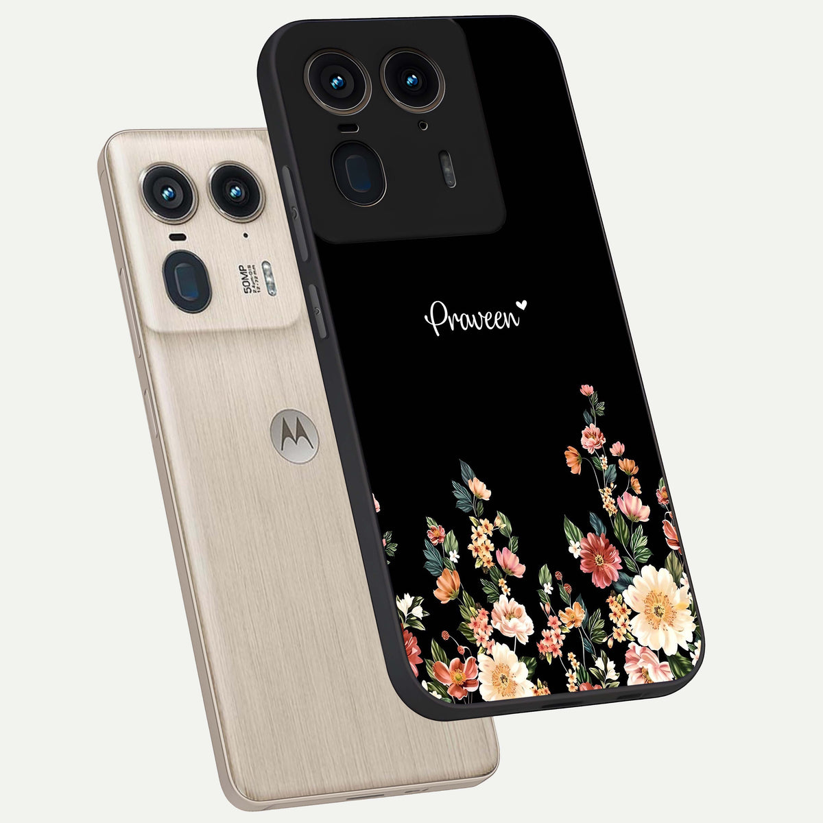  Floral Design Personalized Custom Name phone case For Moto Edge 50 Ultra showing premium glass back cover with detailed artwork