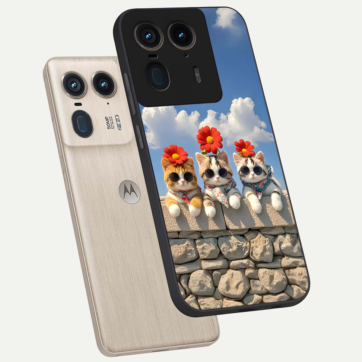  Floral Kitty Squad phone case For Moto Edge 50 Ultra showing premium glass back cover with detailed artwork