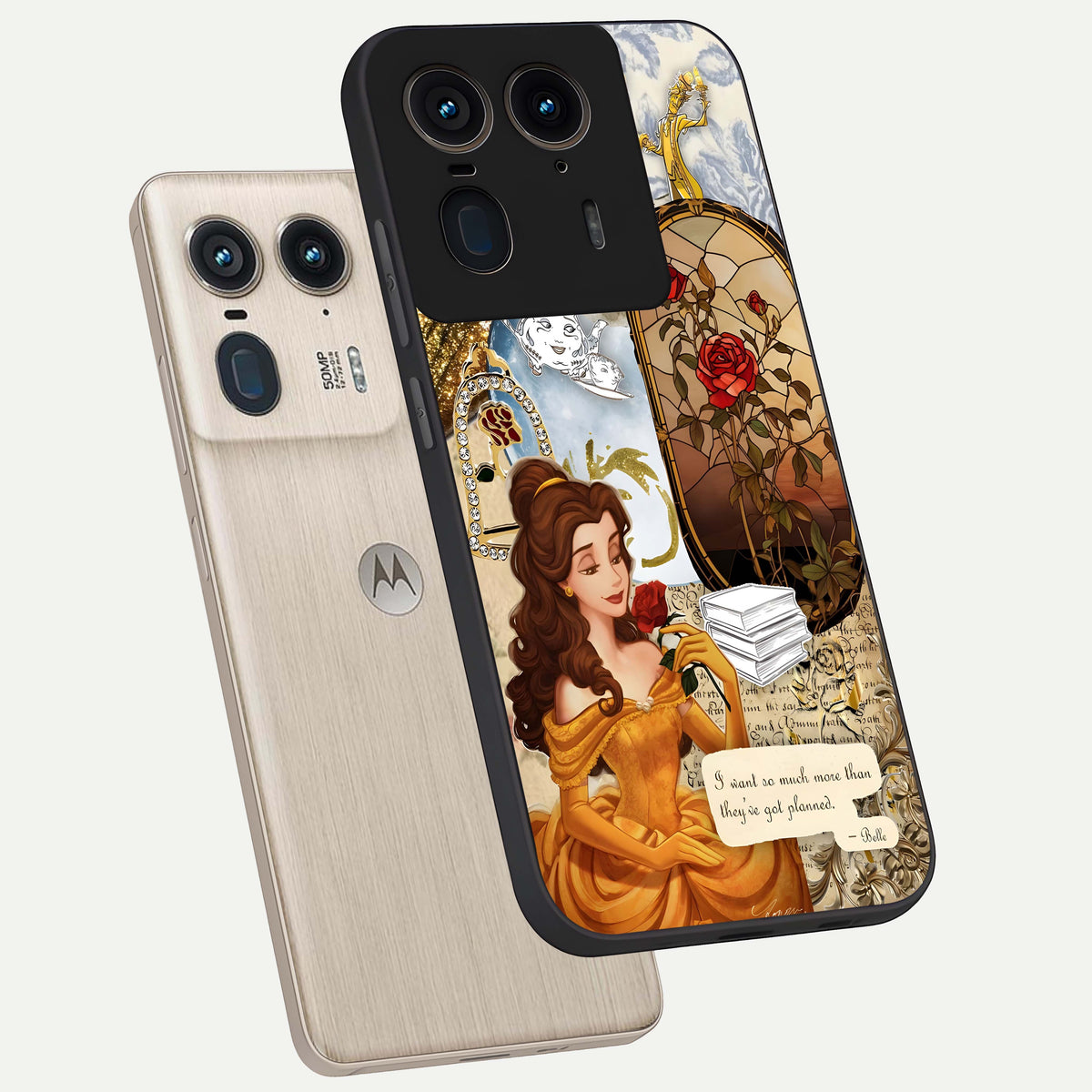  Golden Dream Belle phone case For Moto Edge 50 Ultra showing premium glass back cover with detailed artwork