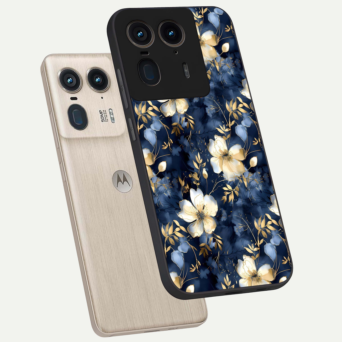  Golden Midnight Bloom phone case For Moto Edge 50 Ultra showing premium glass back cover with detailed artwork