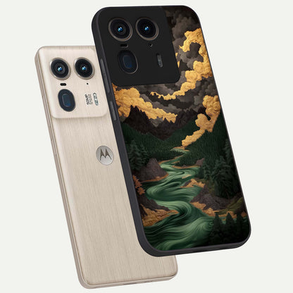  Golden River Moon phone case For Moto Edge 50 Ultra showing premium glass back cover with detailed artwork