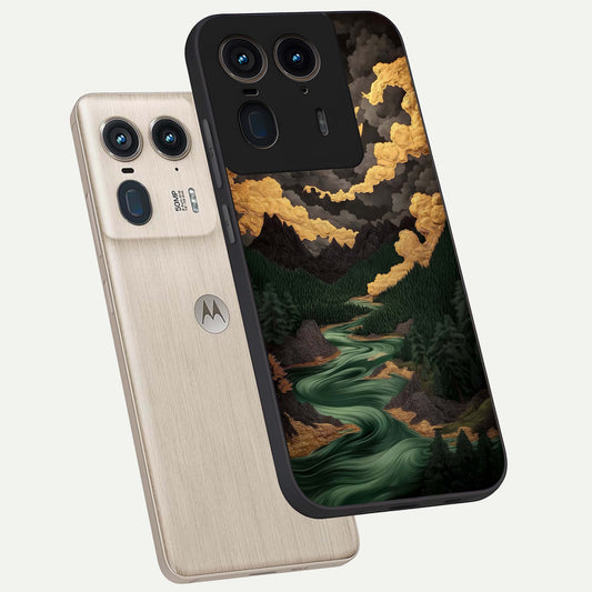  Golden River Moon phone case For Moto Edge 50 Ultra showing premium glass back cover with detailed artwork