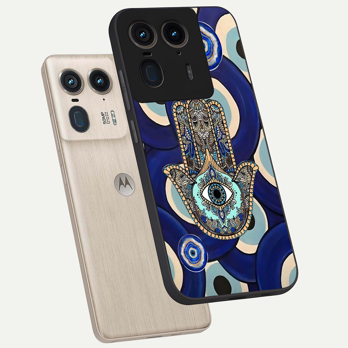  Hamsa Divine Guard phone case For Moto Edge 50 Ultra showing premium glass back cover with detailed artwork